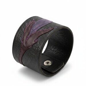 KAZAK - leather black bracelet purple leaves &  press button